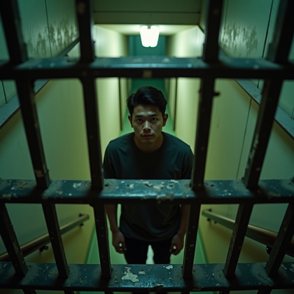 AI-generated photo: Photorealistic prison photography. The shot is taken from above a narrow stairwell, looking downward...