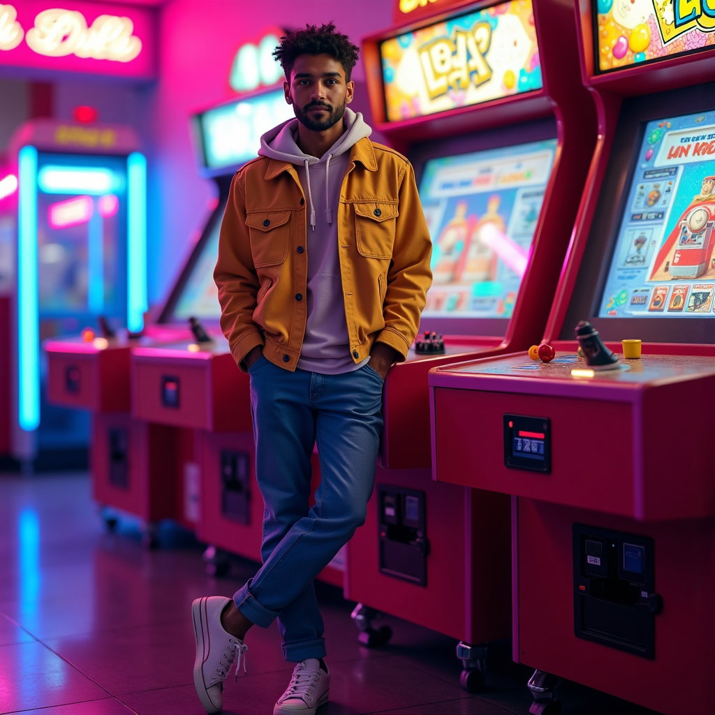 Full-Body Birthday Pose Ideas That Look Confident example: Photorealistic portrait photography. Full-body environmental birthday portrait inside a colorful arcade, with the person
