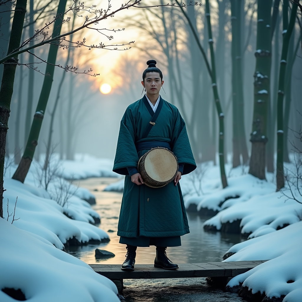 Hanbok-Inspired Demon Hunter Portrait example: Cinematic K-pop fantasy portrait photo. Environmental portrait in a snow-covered bamboo and pine grove beside a frozen s