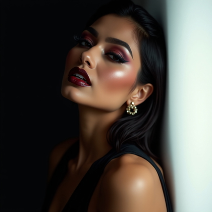 AI-generated photo: Photorealistic beauty photography, an intimate close-up of a glamorous subject with rich, dark eyeli...