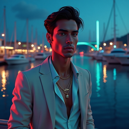 AI-generated photo: Video game key art digital painting showing a three‑quarter close‑up on a twilight marina backdrop, ...