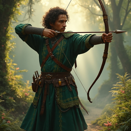 AI-generated photo: Fantasy hero photo depicting a character in a richly detailed, medieval-inspired ensemble. The costu...