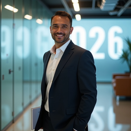 AI-generated photo: Professional headshot. Standing in a glass corridor with polished concrete floors and frosted “2026”...