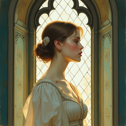 Pre-Raphaelite watercolor and gouache painting: A half-length figure stands before a tall leaded stained-glass lancet, cool filtered light halos the head while precise linear draughtsmanship and layered transparent washes model delicate forms, with touches of opaque gouache heightening jewelry and embroidered trim. Medievalizing décor, patterned tapestry, and a restrained palette of viridian, carmine lake, ultramarine, and parchment tones create a romantic, contemplative mood with the face rendered with luminous clarity.