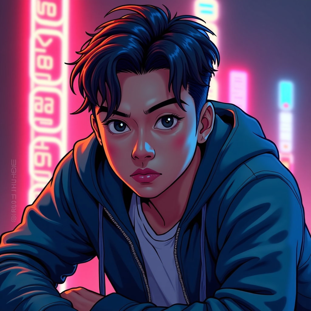 AI-generated photo: Stylized gaming character portrait illustration. The character leans slightly forward toward the vie...