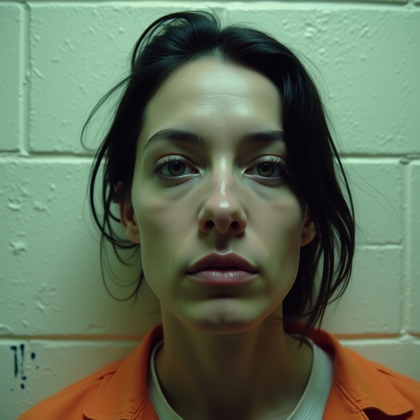 AI-generated photo: Photorealistic prison booking close-up, the subject’s face captured from the shoulders up, eyes slig...