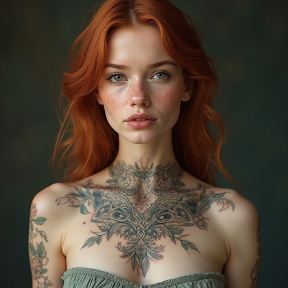 AI-generated photo: Photorealistic photography of a woman with a Celtic-inspired tattoo adorning her collarbone, extendi...
