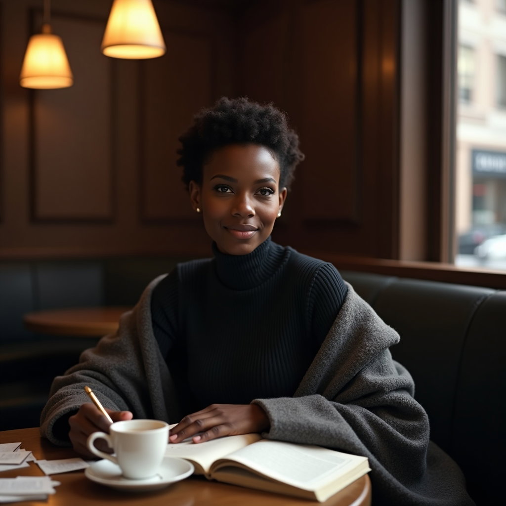 Coffee-and-Notes Corner: Photorealistic personal photo of one visible person seated in a quiet café booth, wearing a dark ribbed turtleneck with a wool coat draped…