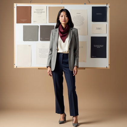 Pièces créatives superposées : portrait debout aux trois quarts d’une seule personne devant une grande planche d’inspiration avec des échantillons de tissu, des exemples typographiques et des visuels conceptuels neutres…