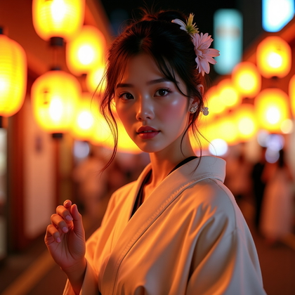AI-generated photo: Fashion editorial photography, a stylish festival street portrait featuring a modern yukata with an ...