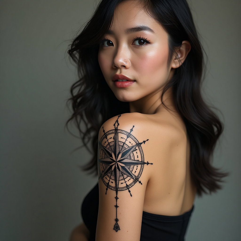 AI-generated photo: Photorealistic photography of a woman with a geometric tattoo featuring an elaborate compass design ...