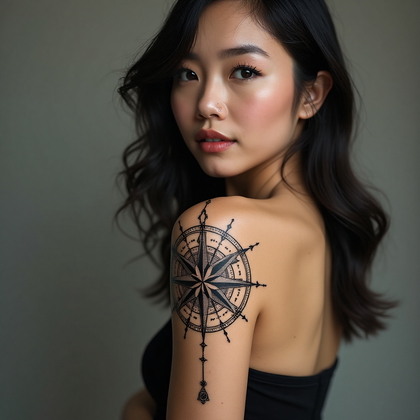 AI-generated photo: Photorealistic photography of a woman with a geometric tattoo featuring an elaborate compass design ...