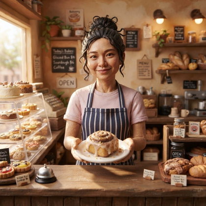 A single subject stands behind the counter of a tiny bakery, presenting a freshly glazed pastry on a plate. A striped apron covers a pastel shirt, with miniature cakes and handwritten menu cards filling the cozy space. Soft morning light enters the front window; chest-up composition, charming stop-motion clay style.