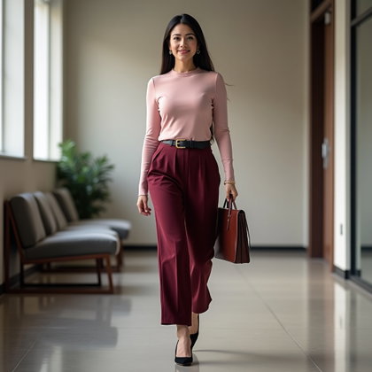 Pantalon large et haut en maille : photo personnelle en pied dans le couloir calme d’un espace détente de bureau, la personne saisie dans une démarche mesurée devant des assises modernes et un fond neutre…