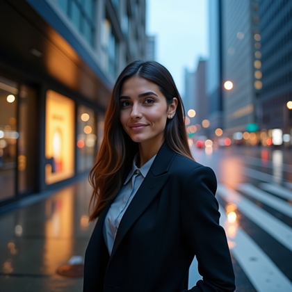 AI-generated photo: Professional headshot: On a rain-slicked city sidewalk at dusk outside a glass-clad office tower, th...