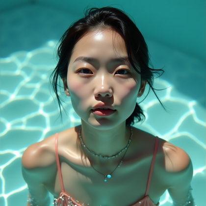 Photorealistic underwater portrait photography: In a clear tiled lap pool with sunlight refracting through rippled water, the subject floats just beneath the surface facing upward so the face is crisply visible, fine air bubbles drift past the face as shimmering light patterns play across features, streamlined minimal swimwear and a delicate chain glint subtly, and a clean blue-green field with gentle vignette guides all attention to the face.