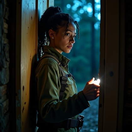 Cabin Doorway Final Stand example: Cinematic horror portrait photo. Half-body portrait of the subject bracing a heavy cabin door with one palm while holdin