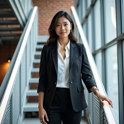 AI-generated photo: Professional headshot: On a bright industrial stair landing inside a converted warehouse office, per...