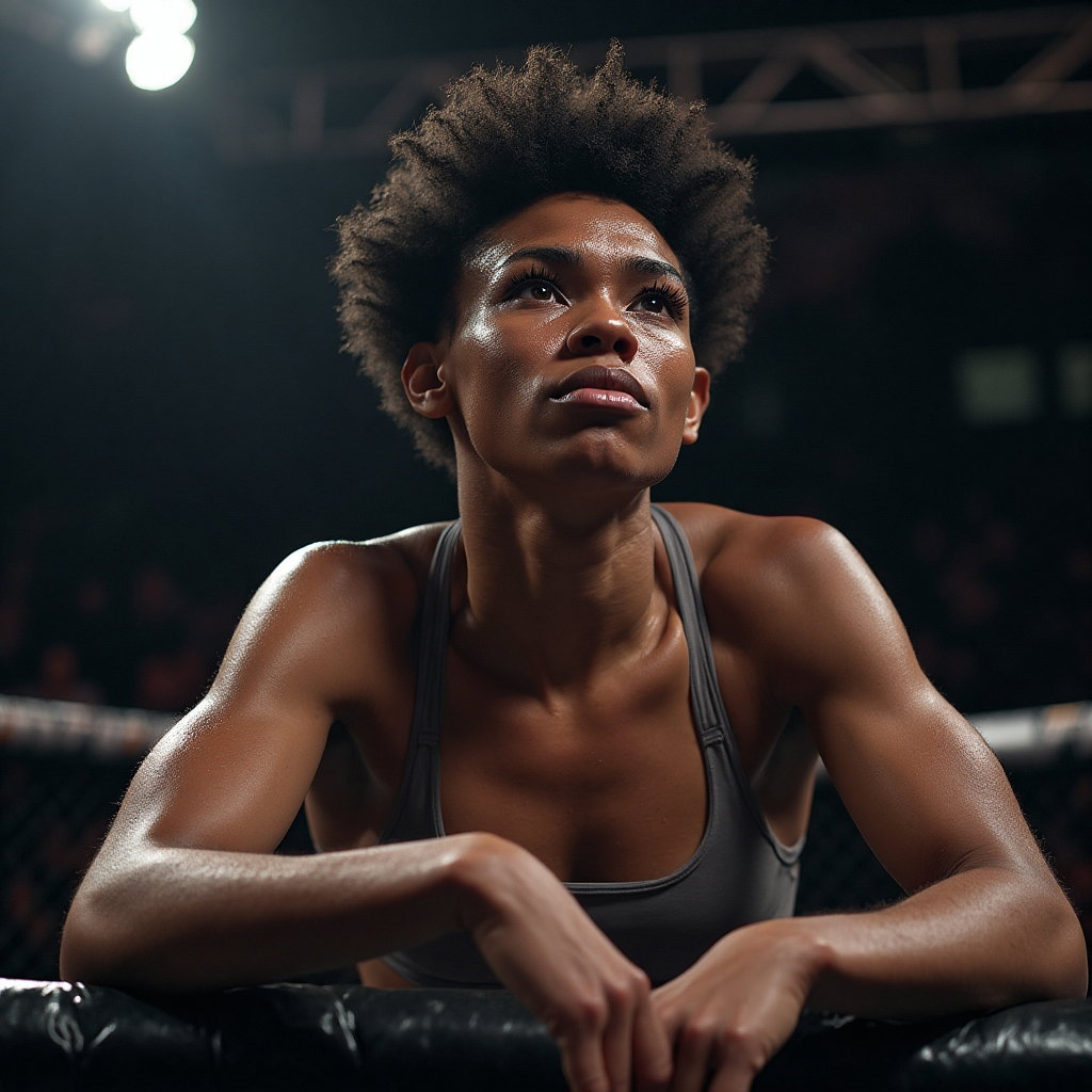 AI-generated photo: Professional photorealistic portrait capturing the intensity and raw energy of a post-fight UFC atmo...