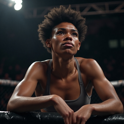 AI-generated photo: Professional photorealistic portrait capturing the intensity and raw energy of a post-fight UFC atmo...