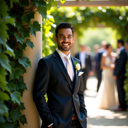 AI-generated photo: Photorealistic wedding photograph of a suited subject leaning against a vine-wrapped garden pergola,...