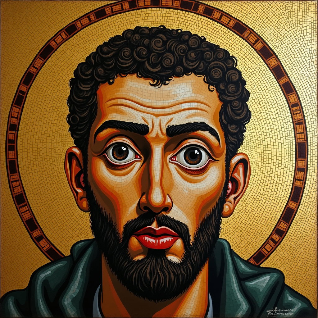 AI-generated photo: Byzantine gold-ground mosaic caricature panel with tightly set glass tesserae, frontal iconic pose u...