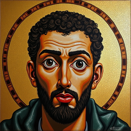 AI-generated photo: Byzantine gold-ground mosaic caricature panel with tightly set glass tesserae, frontal iconic pose u...