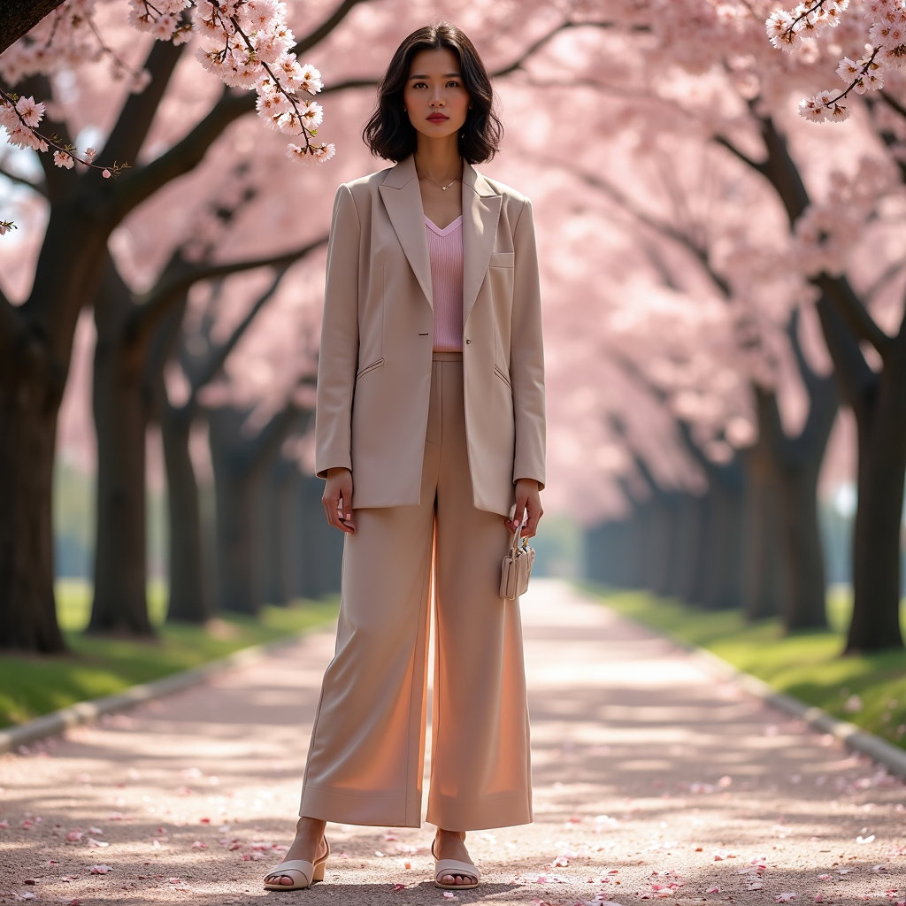AI-generated photo: Fashion editorial photography, a solo subject standing beneath cascading cherry blossom branches in ...