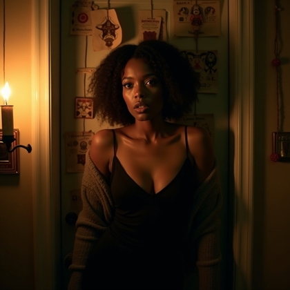 Back-Against-the-Door Panic Pose example: Cinematic horror portrait photo. Unexpected creative variation with a solo subject pressed back against a door covered i