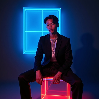 AI-generated photo: Photorealistic neon editorial portrait photo with the subject seated half-length on a clear acrylic ...