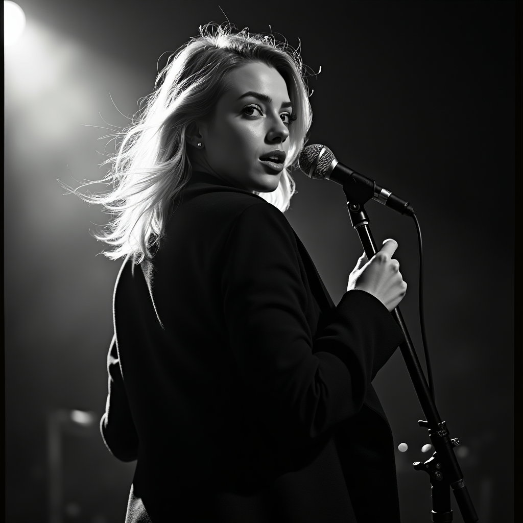 Moody Black-and-White Ballad Album Cover Portraits example: Photorealistic black-and-white album cover portrait. Motion-inspired action shot of the subject turning away from a micr