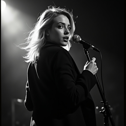 Moody Black-and-White Ballad Album Cover Portraits example: Photorealistic black-and-white album cover portrait. Motion-inspired action shot of the subject turning away from a micr