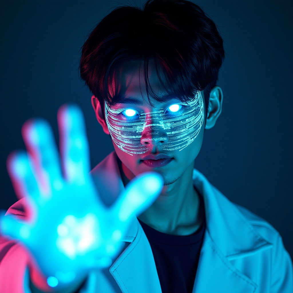 Possessed-Eye Rival Portrait example: Cinematic K-pop fantasy hologram portrait photo. Unexpected creative variation showing the subject as a corrupted concer