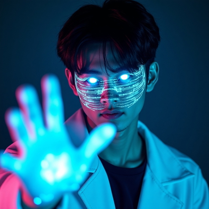 Possessed-Eye Rival Portrait example: Cinematic K-pop fantasy hologram portrait photo. Unexpected creative variation showing the subject as a corrupted concer