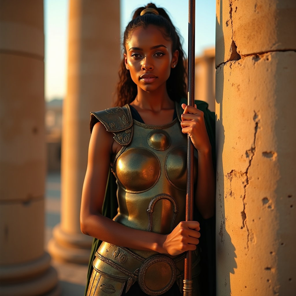 Solo Bronze-Armor Champion Portrait example: Cinematic mythological portrait photo. Half-body portrait of a solo bronze-armored champion standing beside a weathered