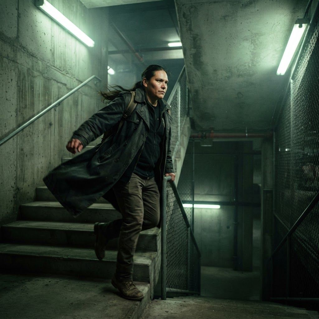 Stairwell Escape: Neo-noir escape image in a brutalist parking-garage stairwell, the lone figure cutting across diagonal concrete steps with one hand gripping…
