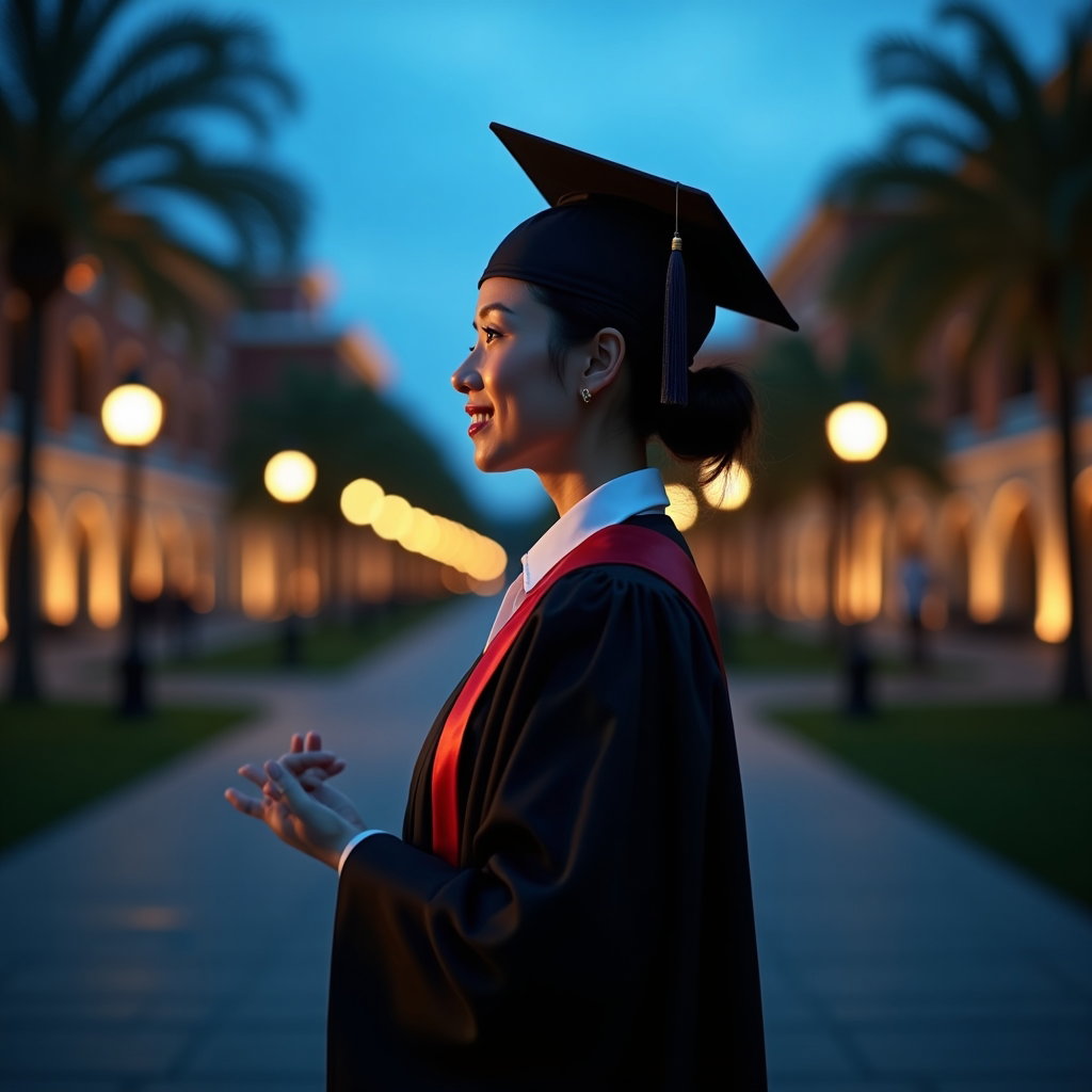 AI-generated photo: Professional portrait photography, a striking graduation profile portrait created in an outdoor camp...