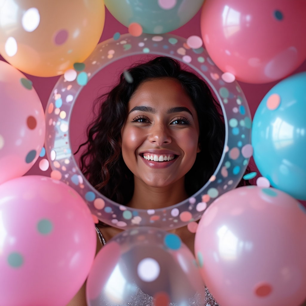 Playful Birthday Confetti and Balloon Portraits example: Photorealistic creative birthday portrait photography. The subject poses inside a translucent balloon-and-confetti insta