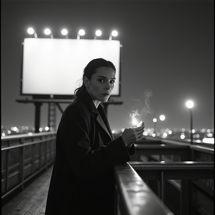 AI-generated photo: Silver gelatin publicity still — a windswept rooftop catwalk behind a flickering billboard where inc...
