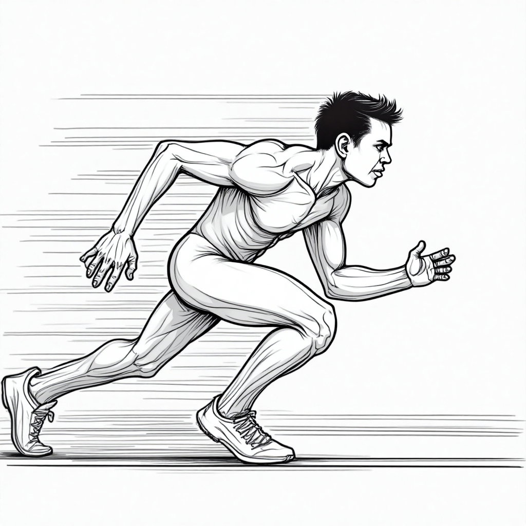AI-generated photo: **Line Art Illustration.** The illustration presents a figure in a dynamic runner's stance, poised a...