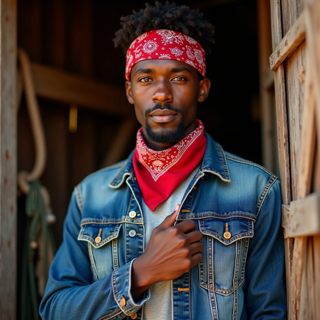 AI-generated photo: Fashion editorial photography, a highly polished bandana and denim close-up designed as a standout c...