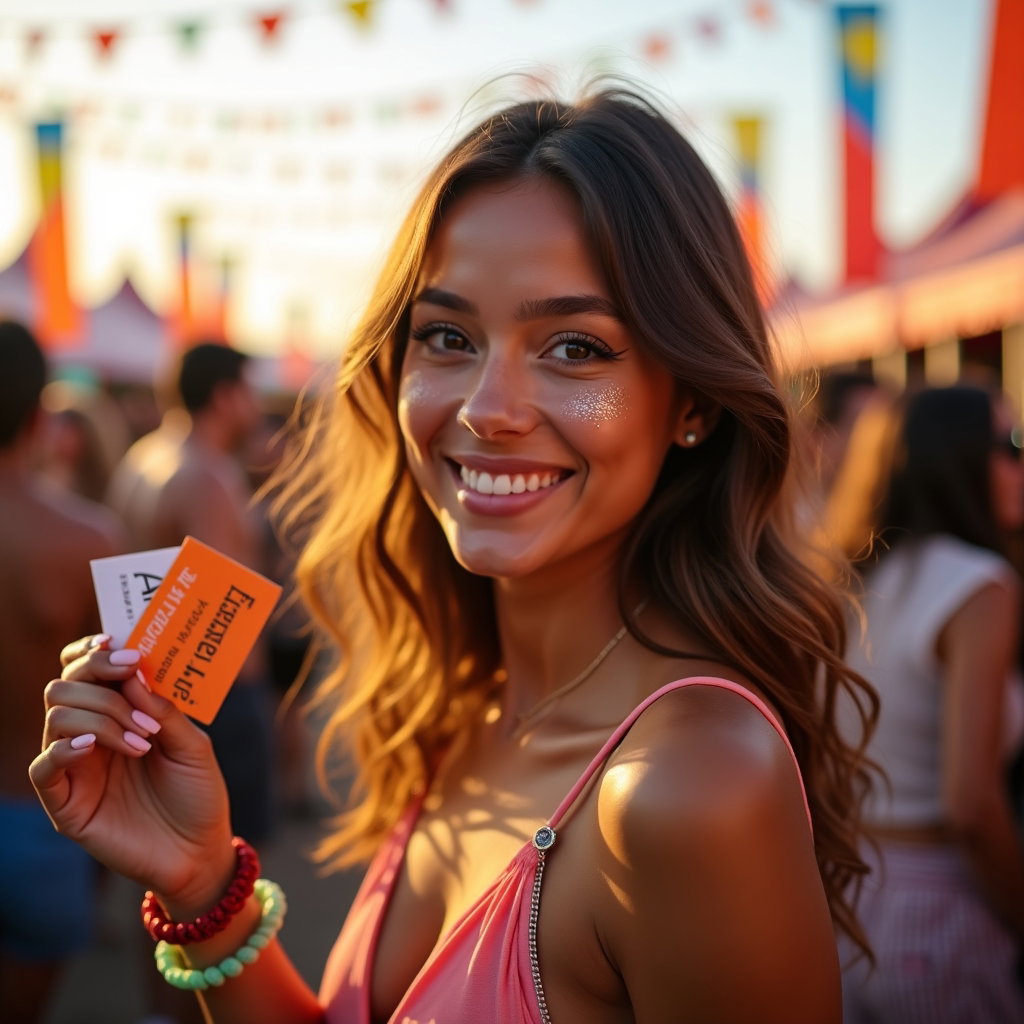 Golden Hour Festival Entrance Walk example: Photorealistic festival portrait photography. Close-up entrance-walk portrait with the face clearly visible, looking dir