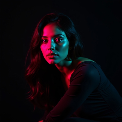 AI-generated photo: Photorealistic studio portrait. The subject is positioned in front of a nearly black backdrop, leani...
