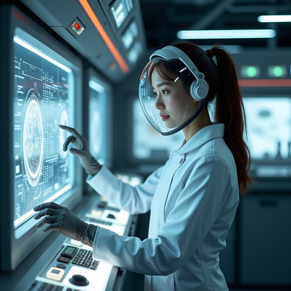 AI-generated photo: Photorealistic editorial portrait photography. A scientist stands at a moon base laboratory workstat...