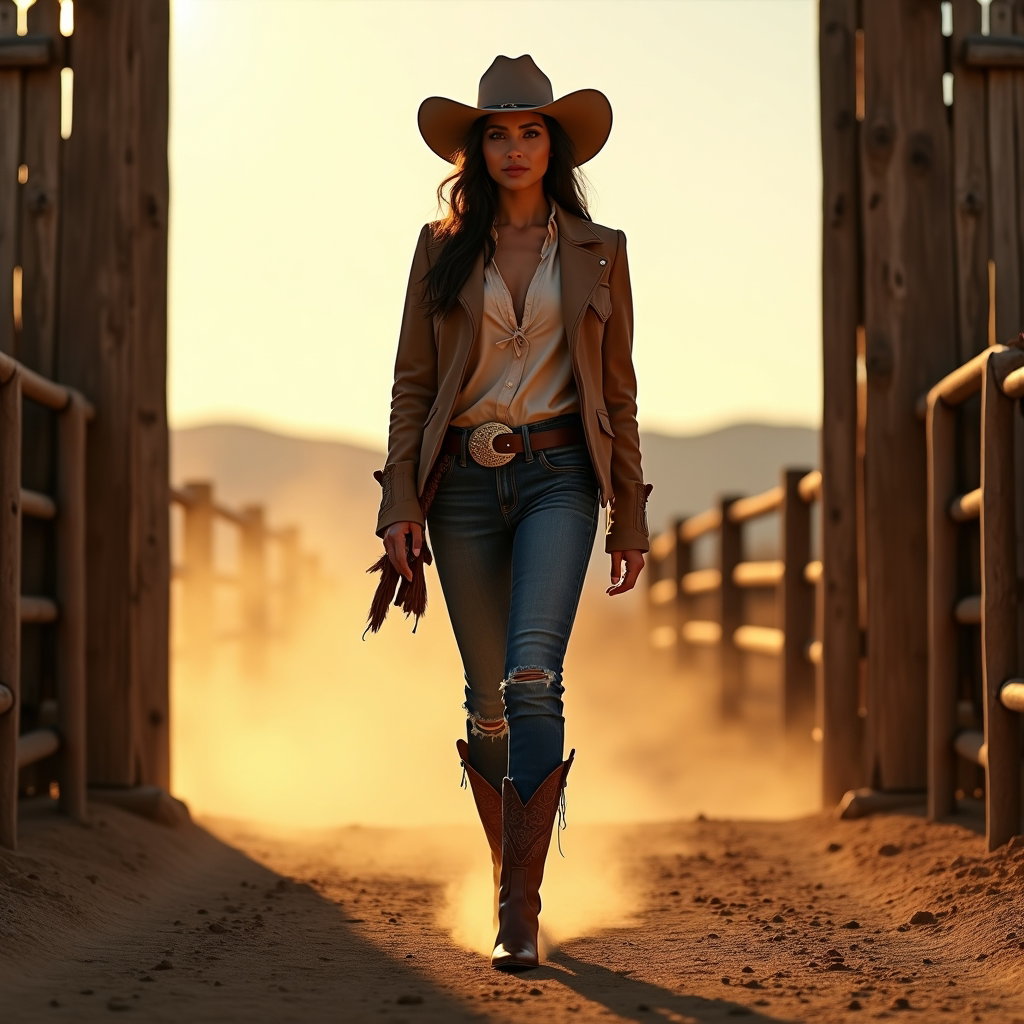 AI-generated photo: Photorealistic fashion photography. A highly stylized cowboy fashion subject walks toward the camera...
