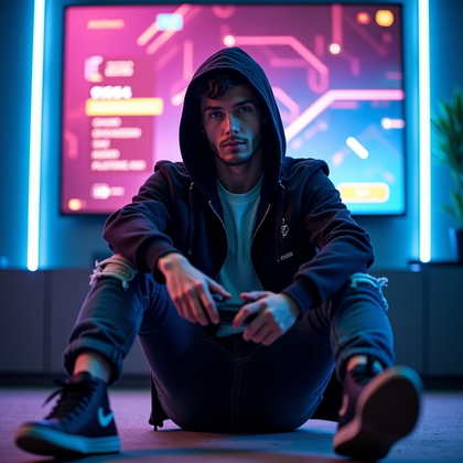 AI-generated photo: Photorealistic fashion portrait photography, mid-shot of an edgy gamer seated on the floor in front ...