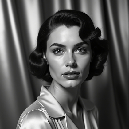 AI-generated photo: Black-and-white Old Hollywood studio headshot photograph, high-key portrait framed from mid-chest up...