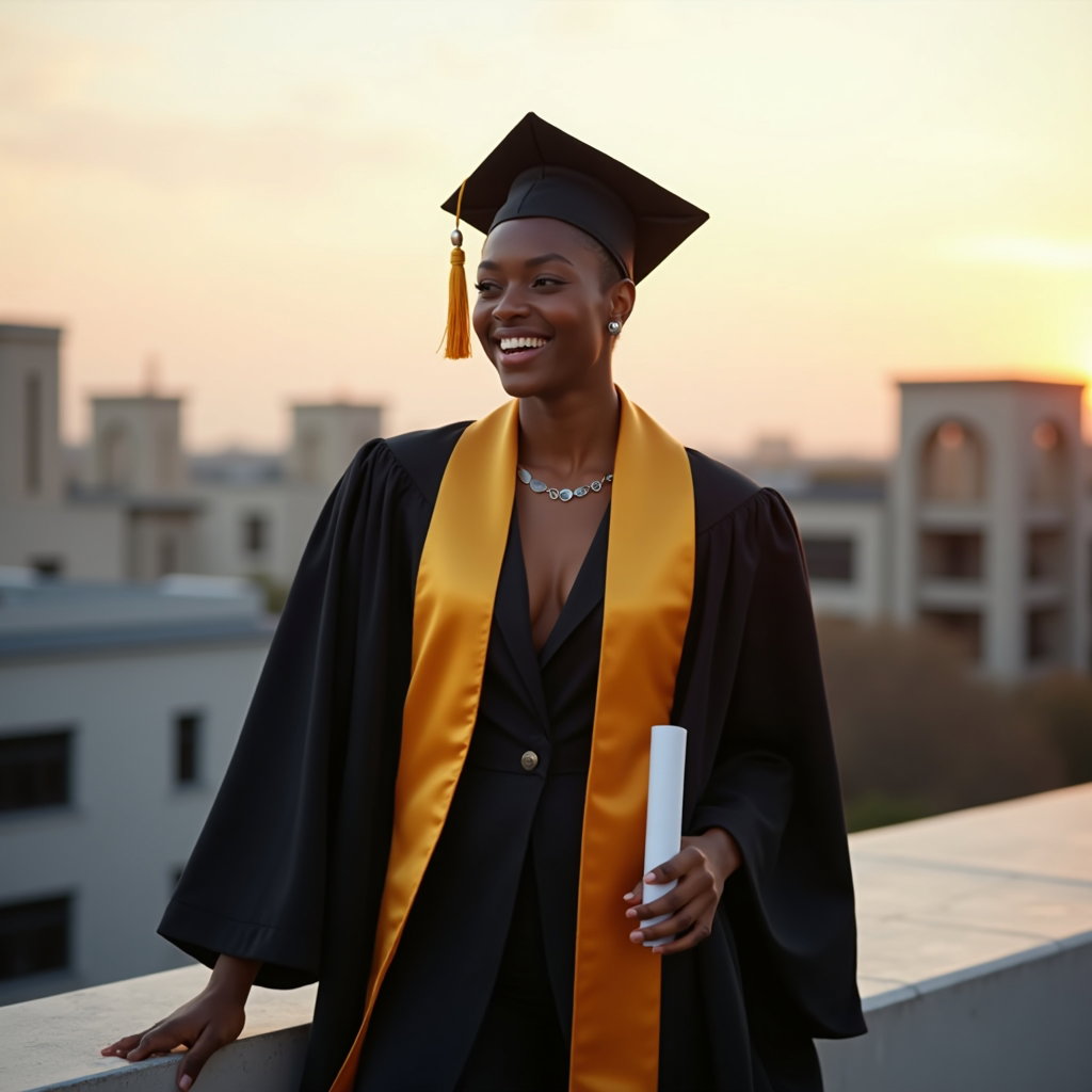 AI-generated photo: Professional fashion portrait photography, joyful graduation portrait set on a rooftop terrace overl...