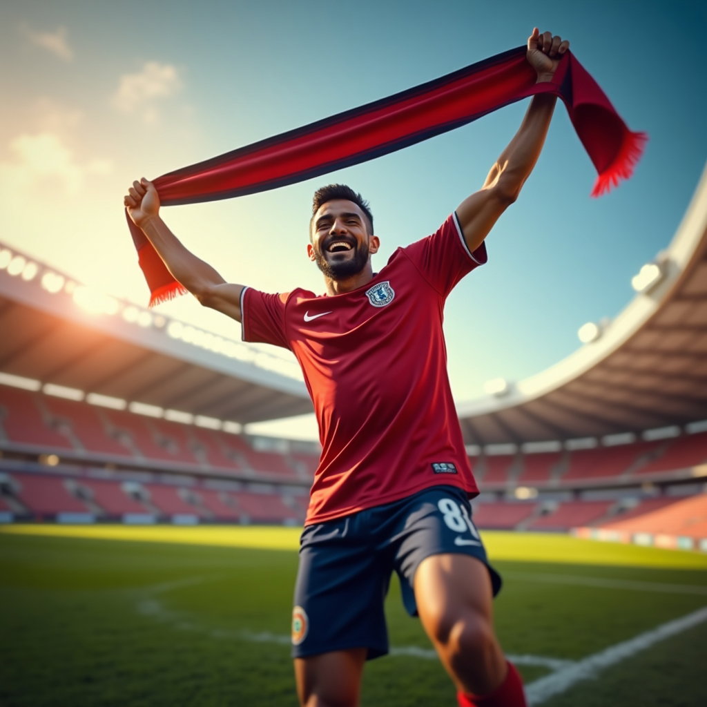 Simple Jersey-and-Scarf World Cup Fan Portraits example: Photorealistic sports fan portrait photography. Motion/action portrait of a fan mid-cheer, stepping forward while swingi