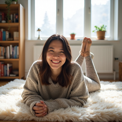 AI-generated photo: Cozy At-Home Vibes lifestyle photo capturing a woman sprawled comfortably on a fluffy faux fur rug, ...